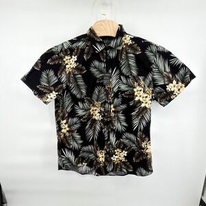 HISDERN Men Hawaiian Shirt L Black Palm Floral Short Sleeve 100% Cotton NWT
